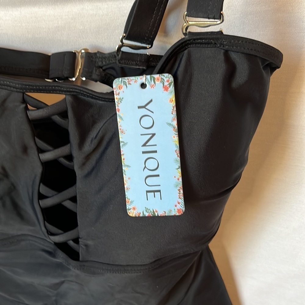 YONIQUE Black Tankini Set Peplum Lace Up High Waist Bikini Size Large - Picture 4 of 9